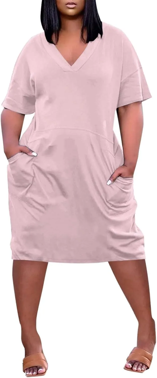Women's Plus Size Dresses Short Sleeve V Neck Midi Beach Vacation Casual Dress with Pockets for Curvy Women