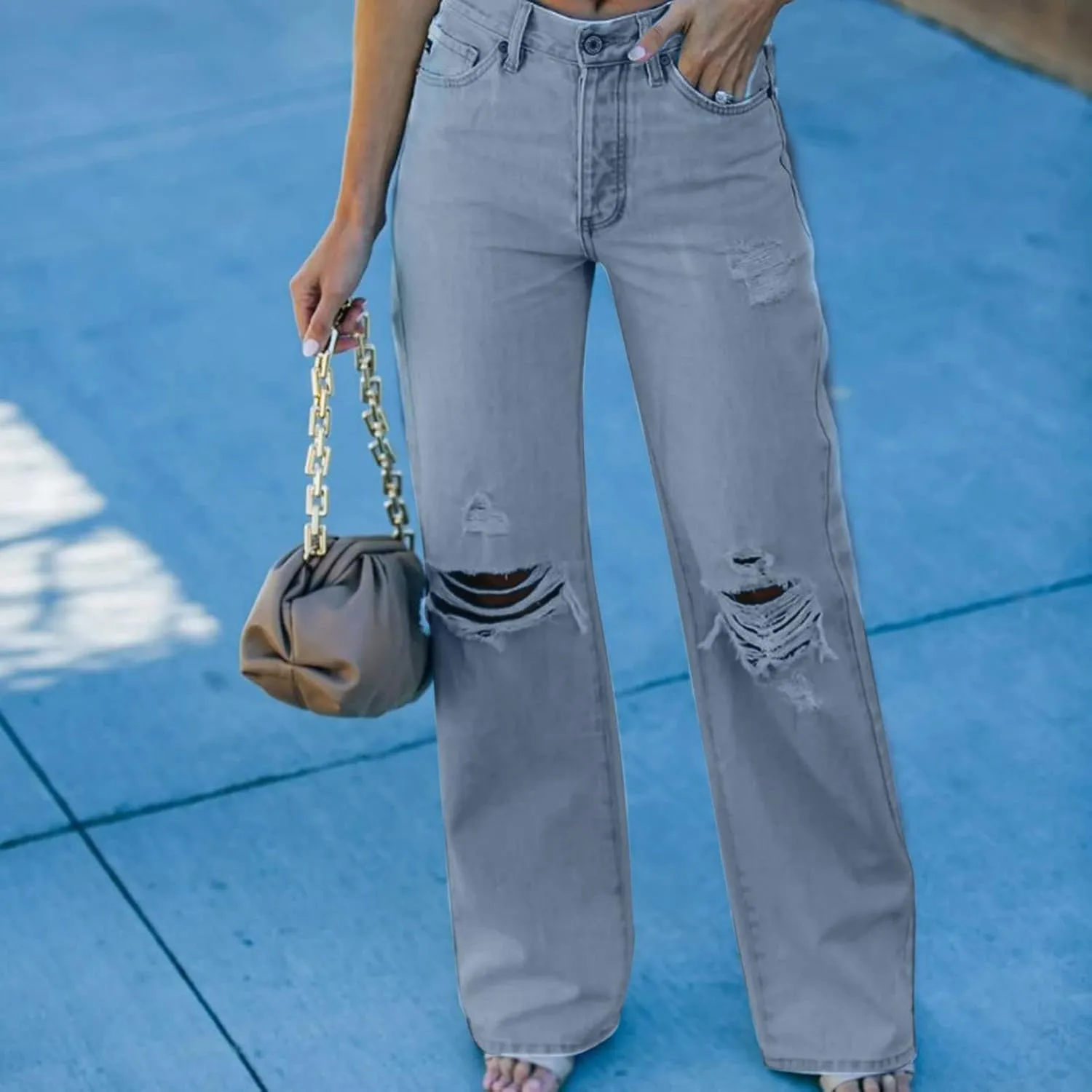 Women's Ripped Jeans High Waist Relaxed Fit Jeans Distressed Wide Leg Denim Pants Loose Boyfriends Baggy Trouser