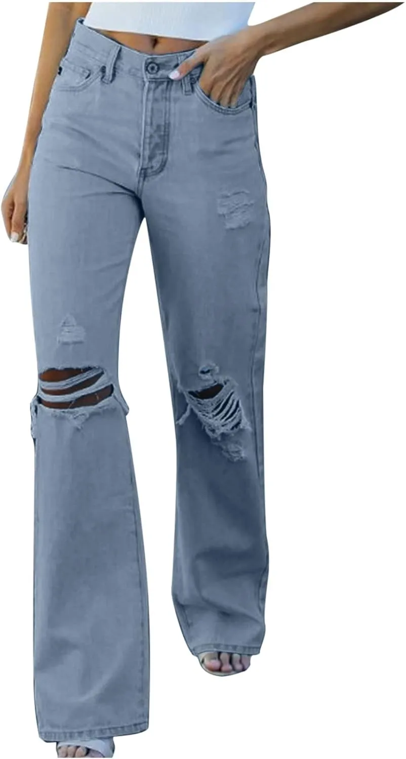 Women's Ripped Jeans High Waist Relaxed Fit Jeans Distressed Wide Leg Denim Pants Loose Boyfriends Baggy Trouser