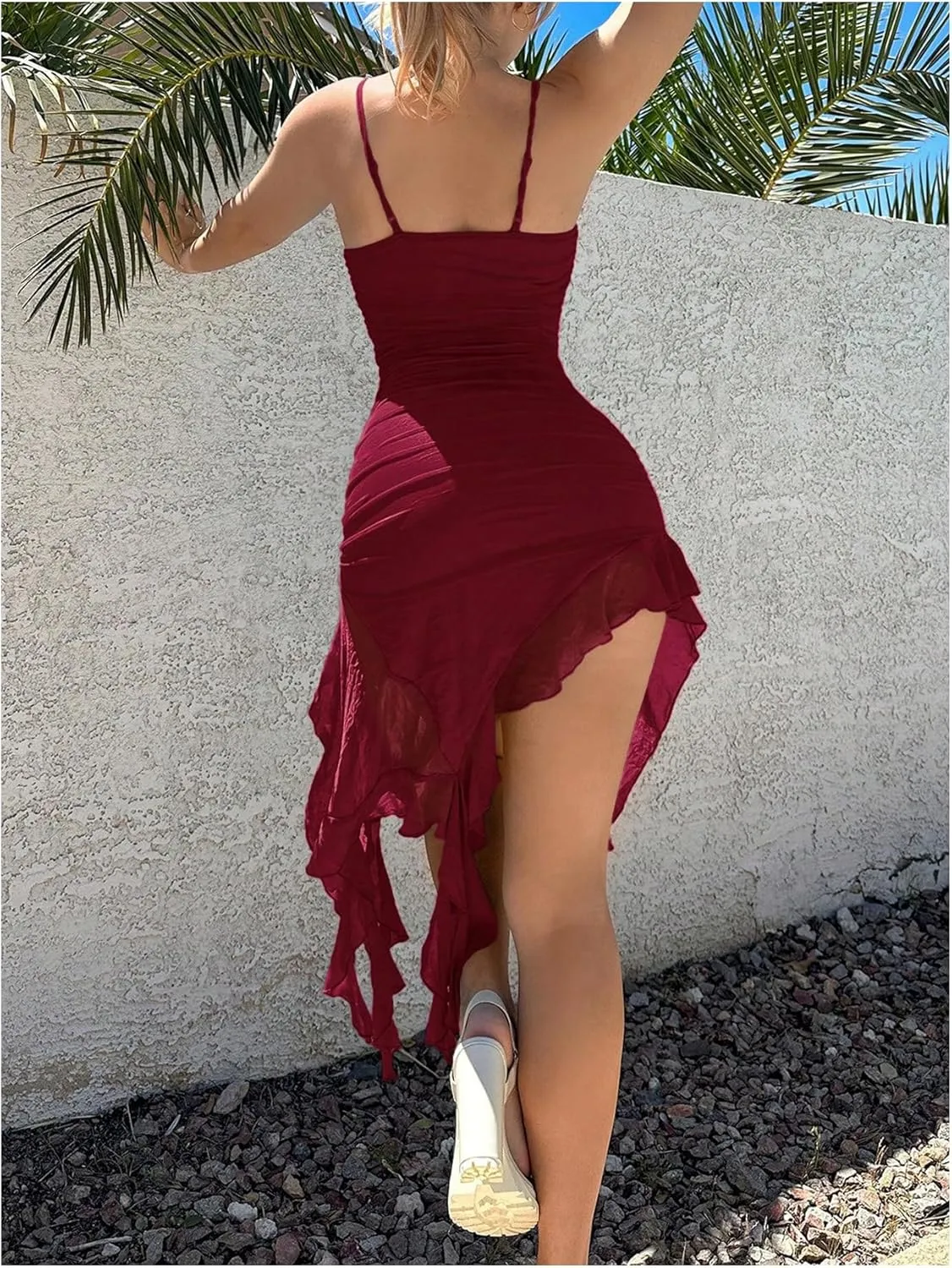 Women's Ruffle Mesh Dress Coquette Ruched Cami Bodycon Dresses