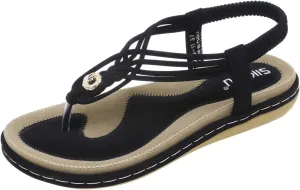 Women's Sandal T-Strap Flat Flats Glitter Thong Flip Flops Elastic Ankle Strap Dress Shoes Summer Open Toe Sandal