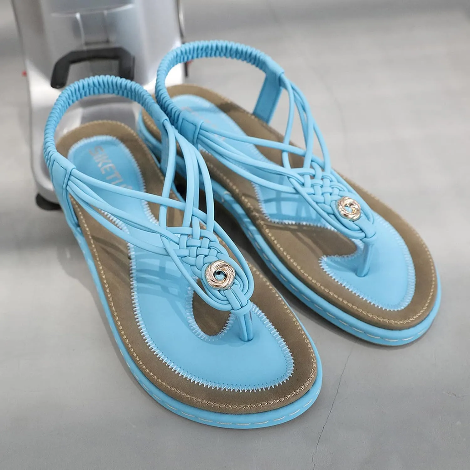 Women's Sandal T-Strap Flat Flats Glitter Thong Flip Flops Elastic Ankle Strap Dress Shoes Summer Open Toe Sandal