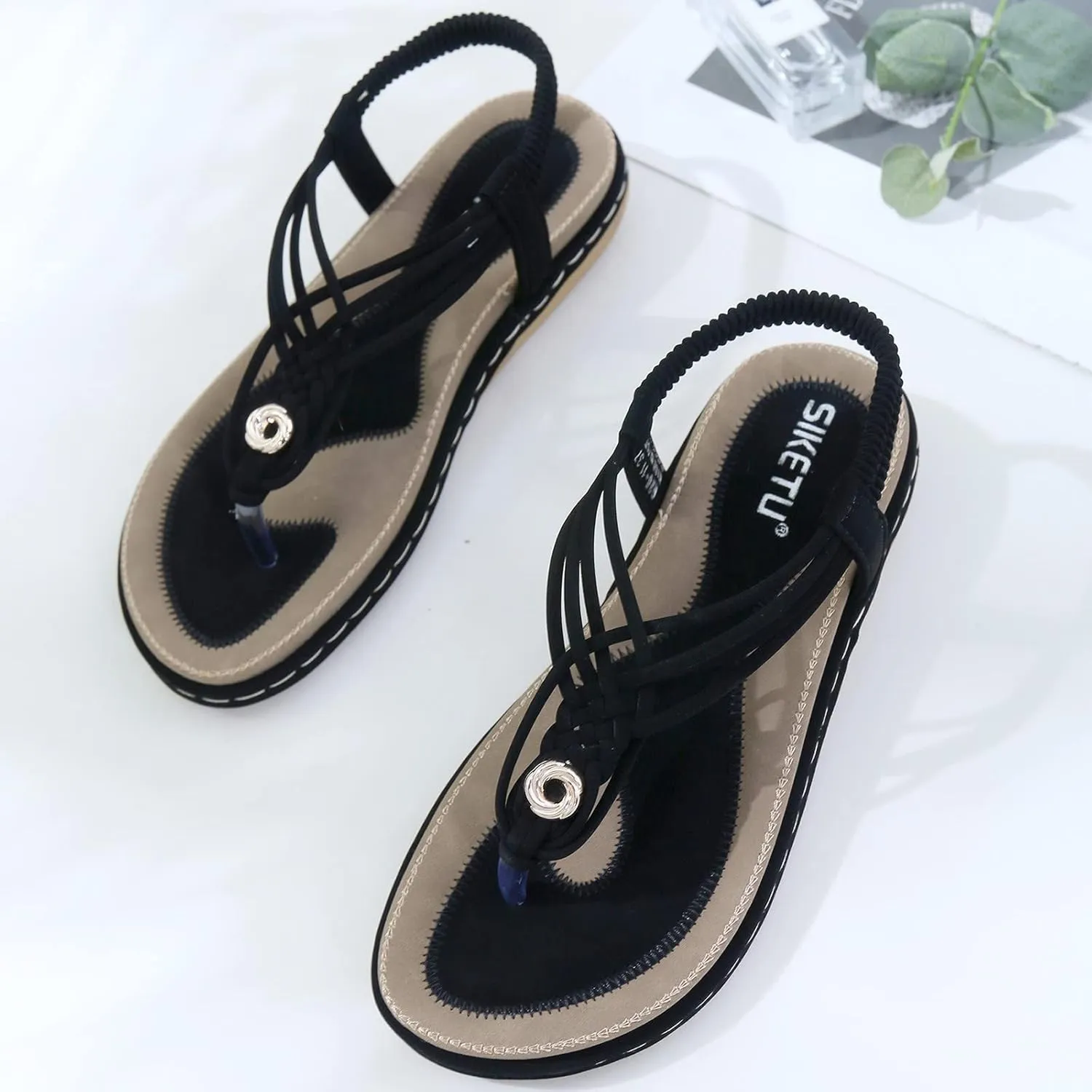 Women's Sandal T-Strap Flat Flats Glitter Thong Flip Flops Elastic Ankle Strap Dress Shoes Summer Open Toe Sandal