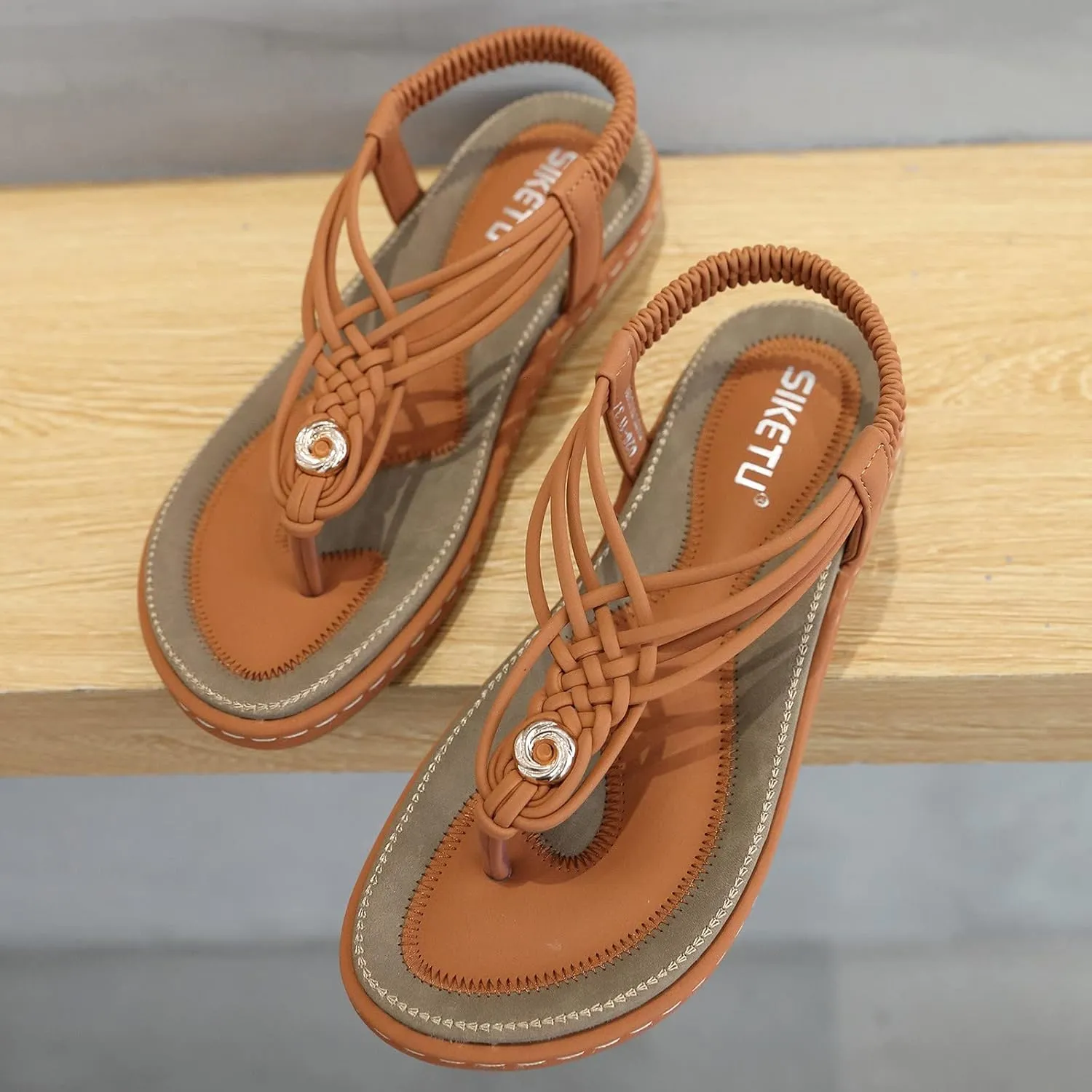 Women's Sandal T-Strap Flat Flats Glitter Thong Flip Flops Elastic Ankle Strap Dress Shoes Summer Open Toe Sandal