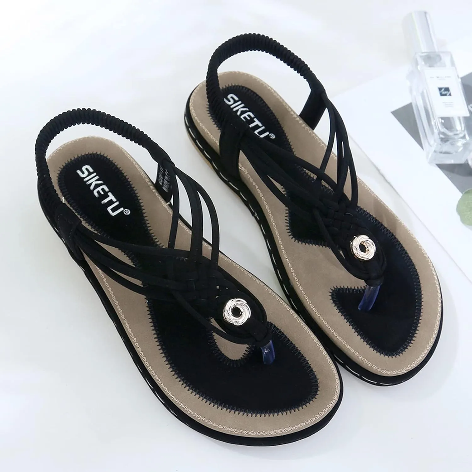Women's Sandal T-Strap Flat Flats Glitter Thong Flip Flops Elastic Ankle Strap Dress Shoes Summer Open Toe Sandal