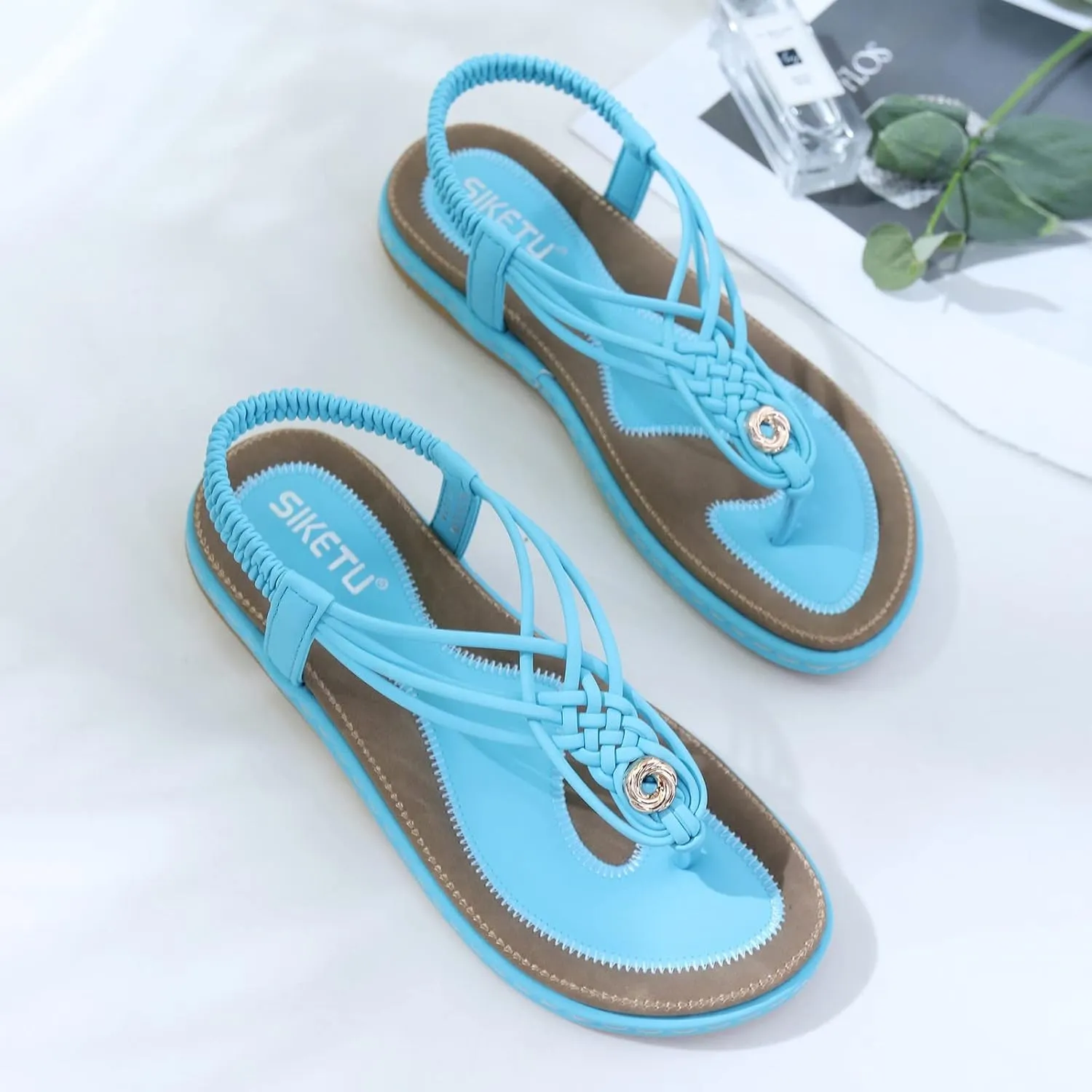 Women's Sandal T-Strap Flat Flats Glitter Thong Flip Flops Elastic Ankle Strap Dress Shoes Summer Open Toe Sandal
