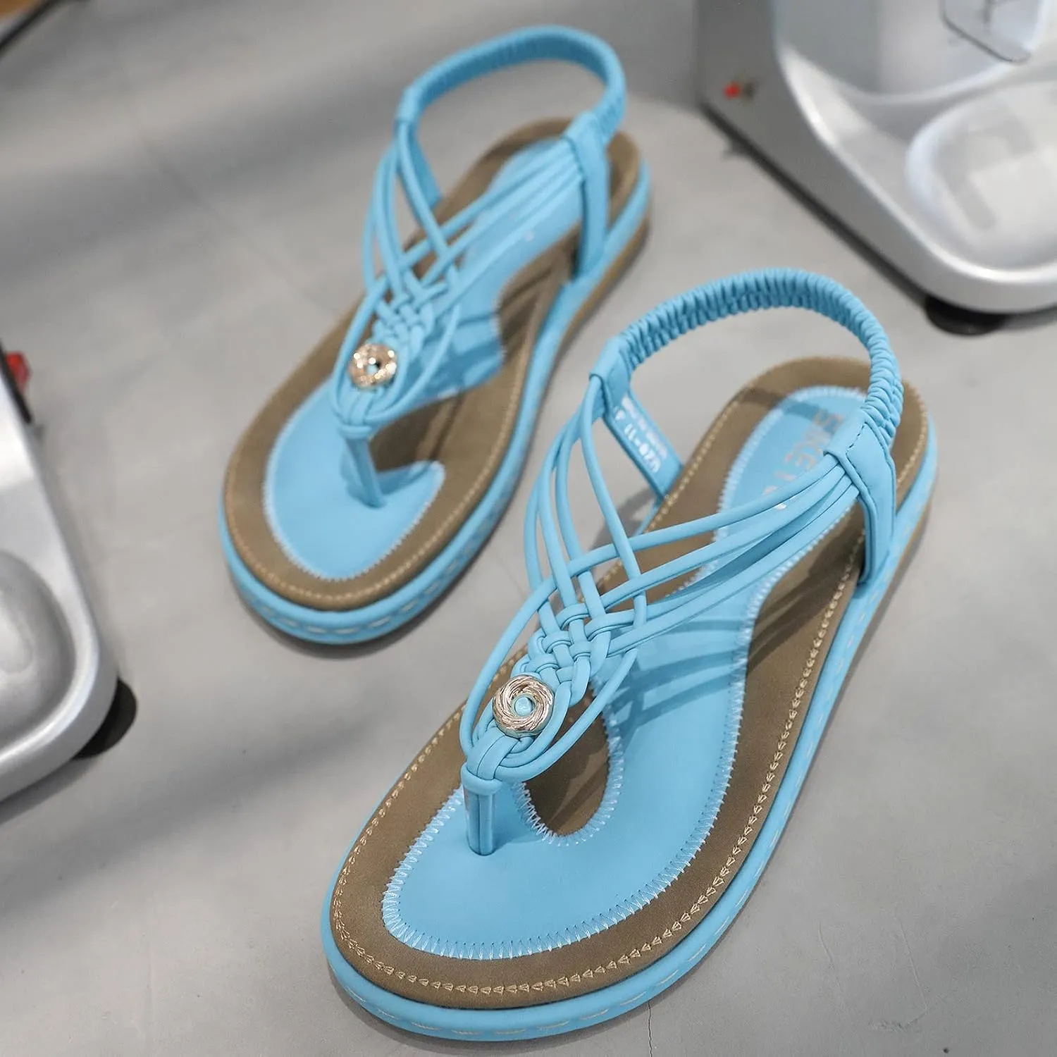 Women's Sandal T-Strap Flat Flats Glitter Thong Flip Flops Elastic Ankle Strap Dress Shoes Summer Open Toe Sandal