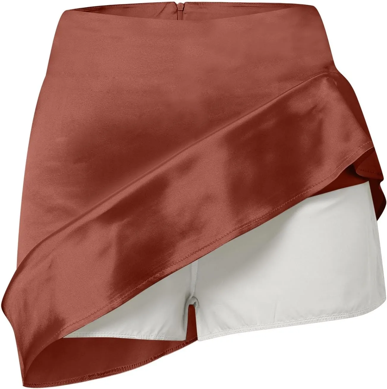 Women's Satin Elastic High Waist Zipper Skorts Versatile Stretchy Skirt Flared Casual A Line Mini Skirts Built in Shorts