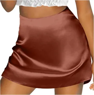 Women's Satin Elastic High Waist Zipper Skorts Versatile Stretchy Skirt Flared Casual A Line Mini Skirts Built in Shorts