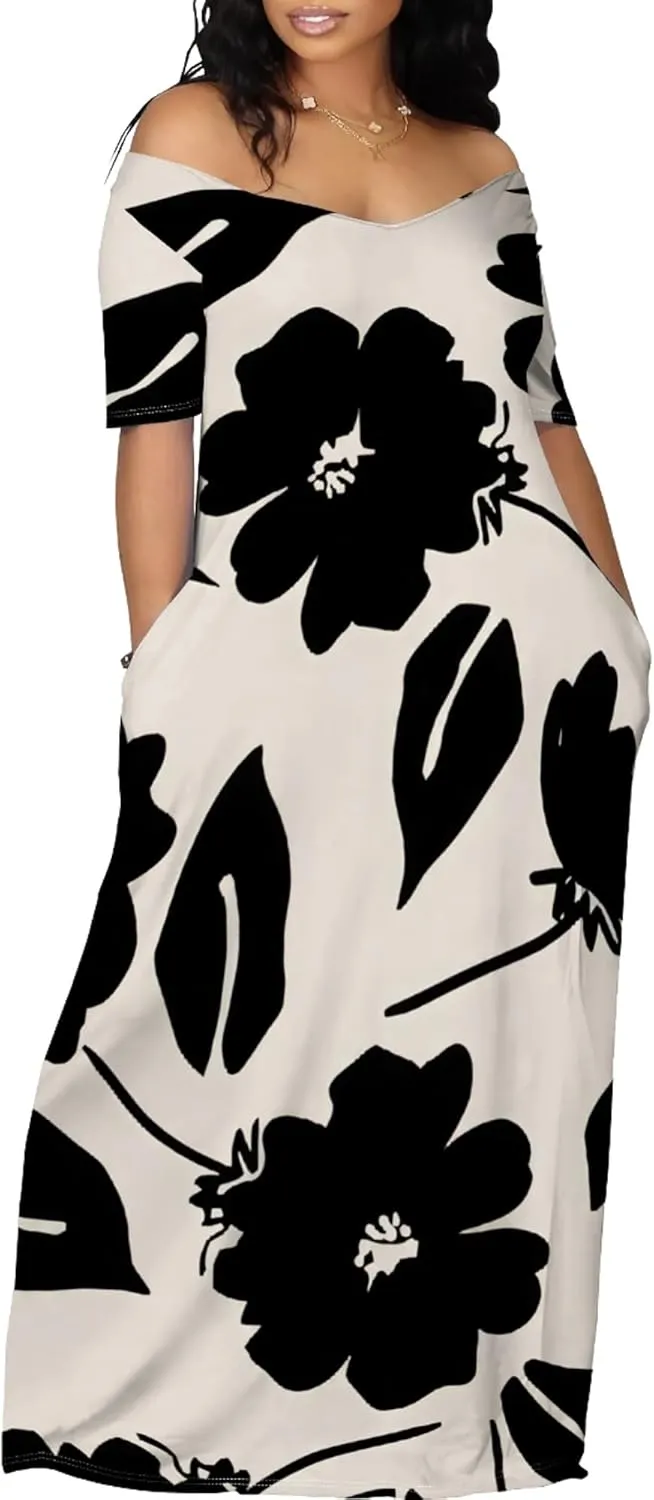 Womens Sexy Beach Outfits Summer Off Shoulder Sexy Maxi Dresses Flowy Dress