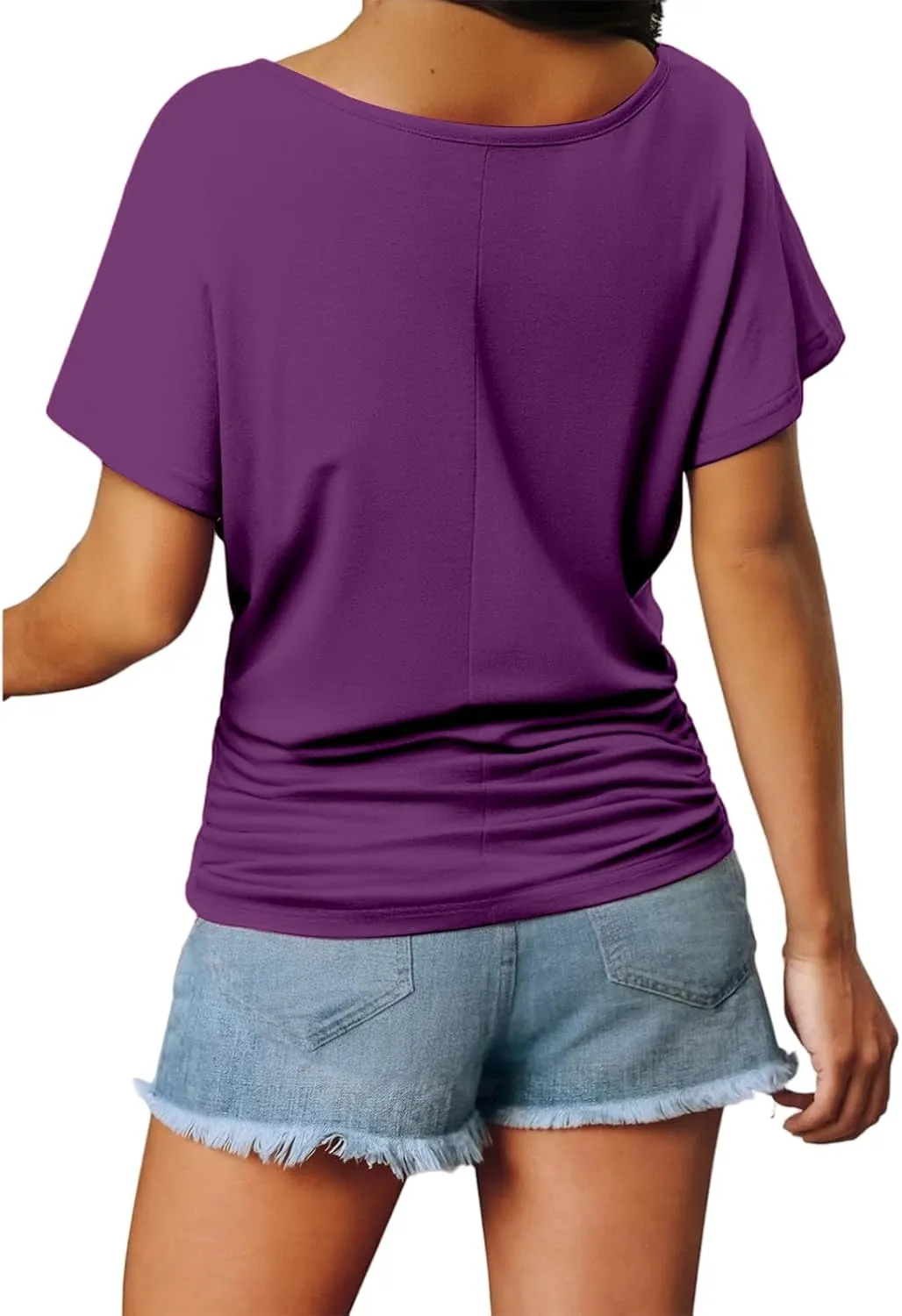 Womens Short Sleeve V Neck Dolman Tops Loose Fit Blouse Shirts Summer Business Tunic T Shirts with Side Shirring