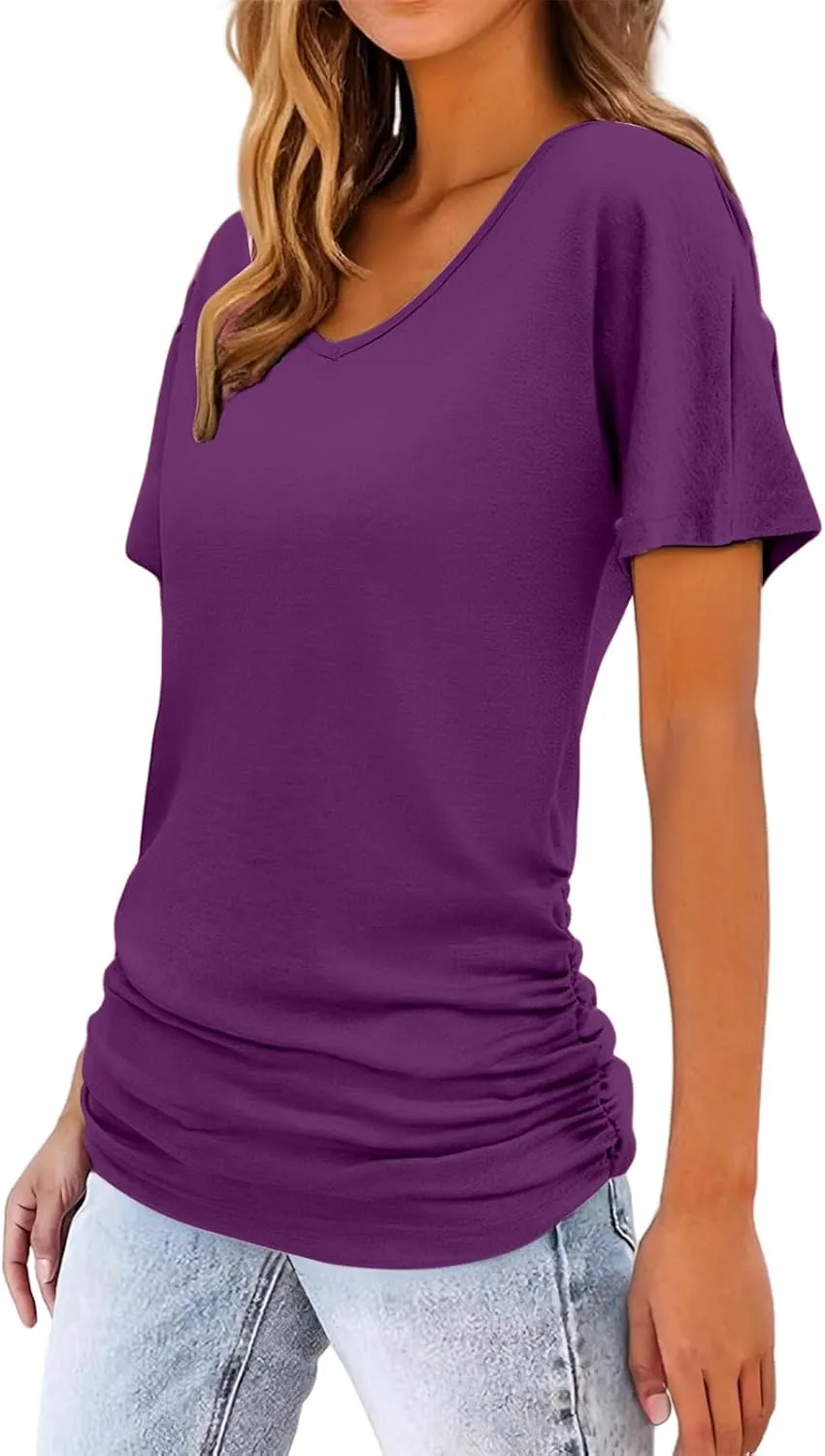 Womens Short Sleeve V Neck Dolman Tops Loose Fit Blouse Shirts Summer Business Tunic T Shirts with Side Shirring