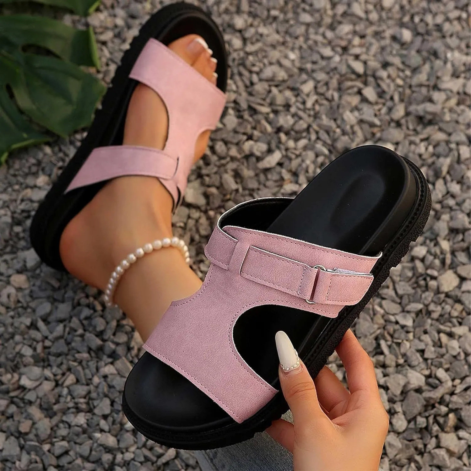 Womens Slide Sandals Adjustable Flat Slip on Comfort Footbed Sandals Orthopedic Slides Non-Slip Flip Flop for Summer