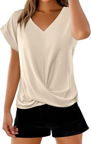 Womens Solid Color Tops Elegant Twist Knot Shirts Short Sleeve V Neck Blouses 2025 Casual Summer Outfits Fashion