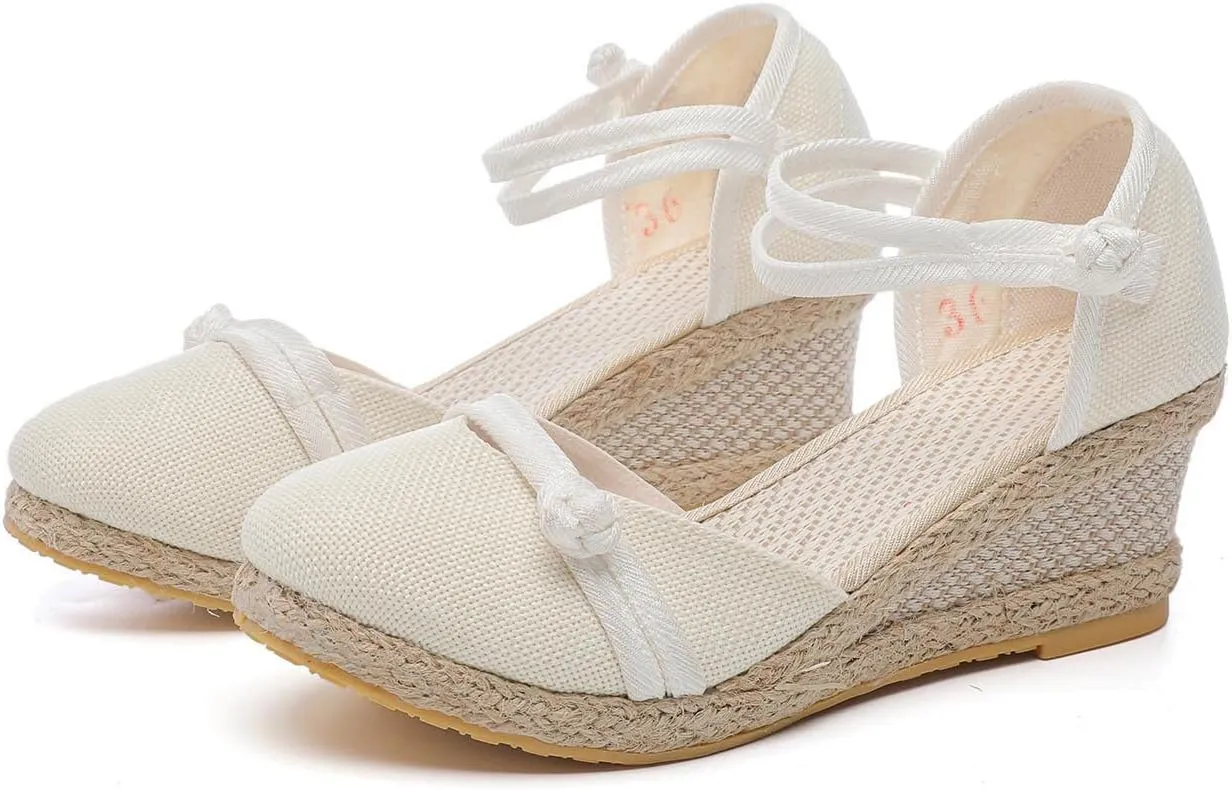 Women's Solid Textured Wedge Sandals Chinese Style Buckle Braided Shoe Closed Toe Summer High Heels Elegant Sandal