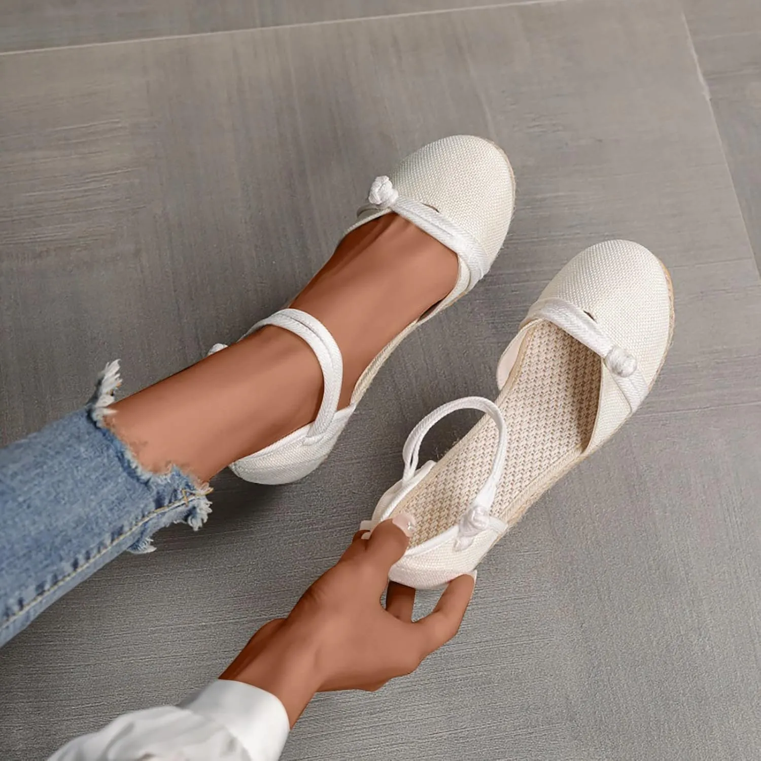 Women's Solid Textured Wedge Sandals Chinese Style Buckle Braided Shoe Closed Toe Summer High Heels Elegant Sandal