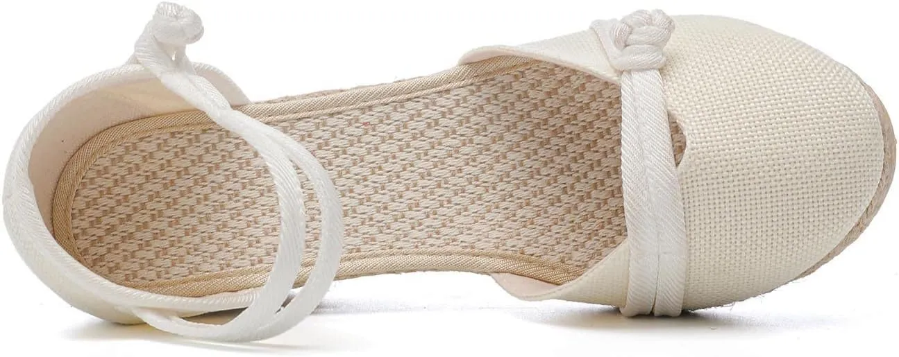 Women's Solid Textured Wedge Sandals Chinese Style Buckle Braided Shoe Closed Toe Summer High Heels Elegant Sandal