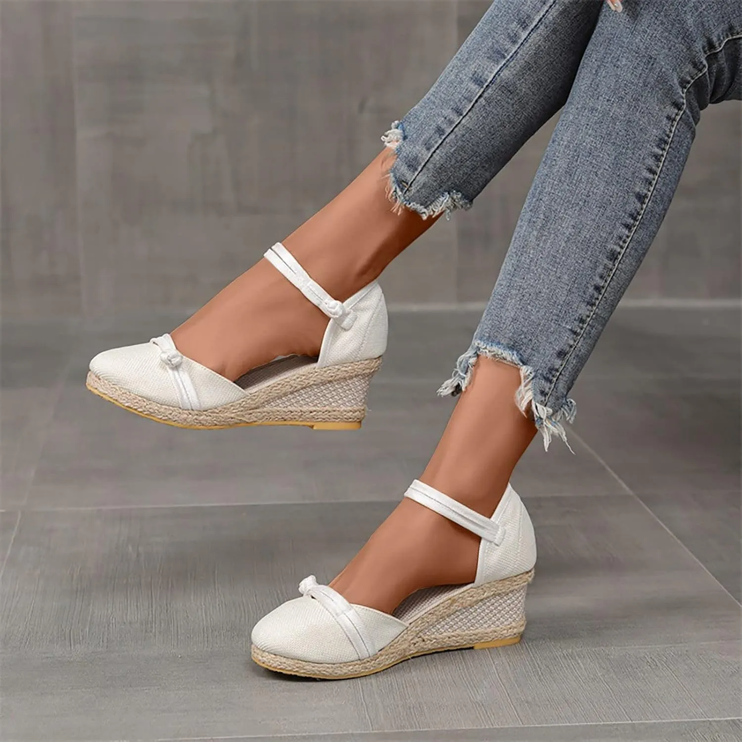 Women's Solid Textured Wedge Sandals Chinese Style Buckle Braided Shoe Closed Toe Summer High Heels Elegant Sandal