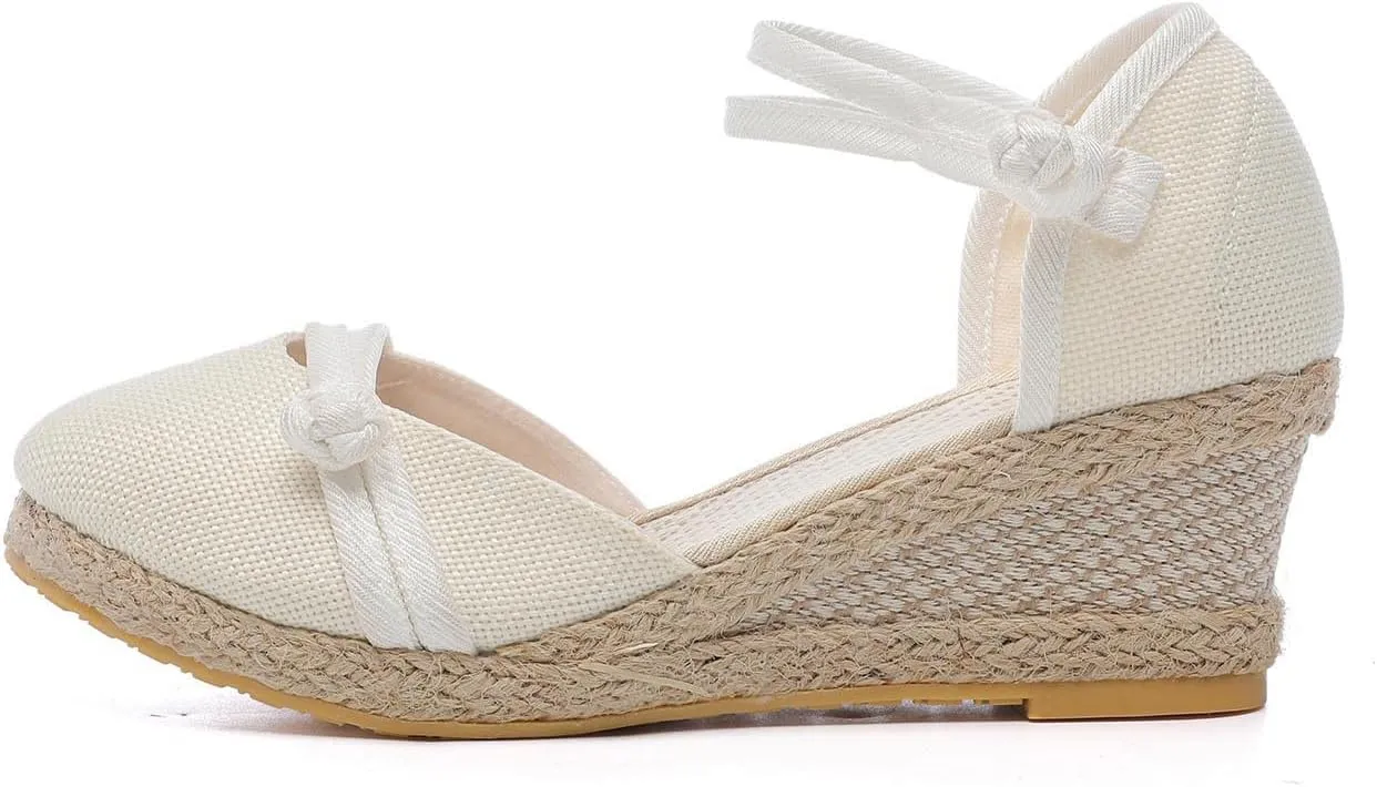 Women's Solid Textured Wedge Sandals Chinese Style Buckle Braided Shoe Closed Toe Summer High Heels Elegant Sandal