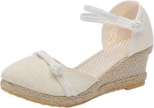 Women's Solid Textured Wedge Sandals Chinese Style Buckle Braided Shoe Closed Toe Summer High Heels Elegant Sandal