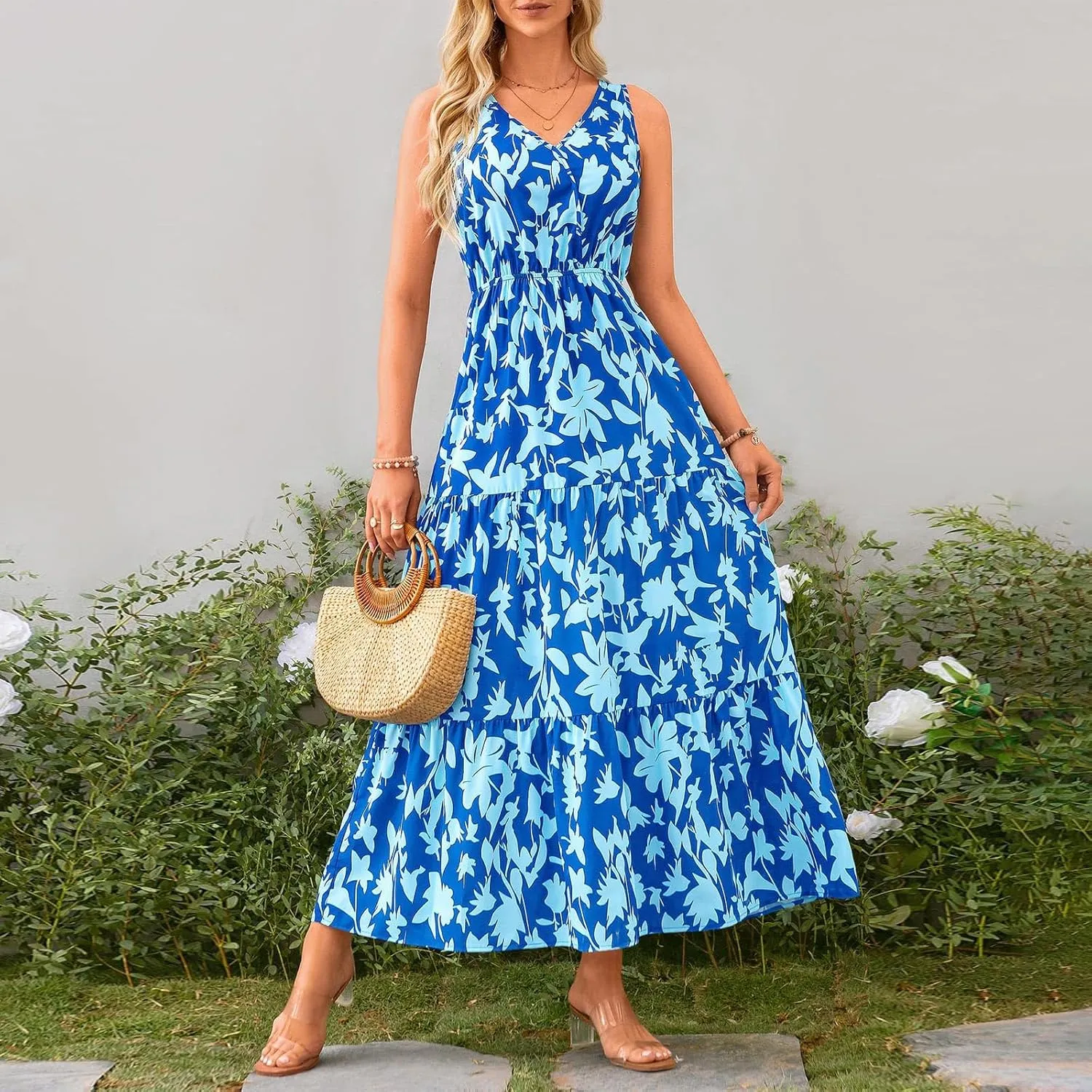 Women's Summer Casual Loose Boho Dress Sleeveless V-Neck Floral Print Vacation Travel Maxi Dresses,S-2XL