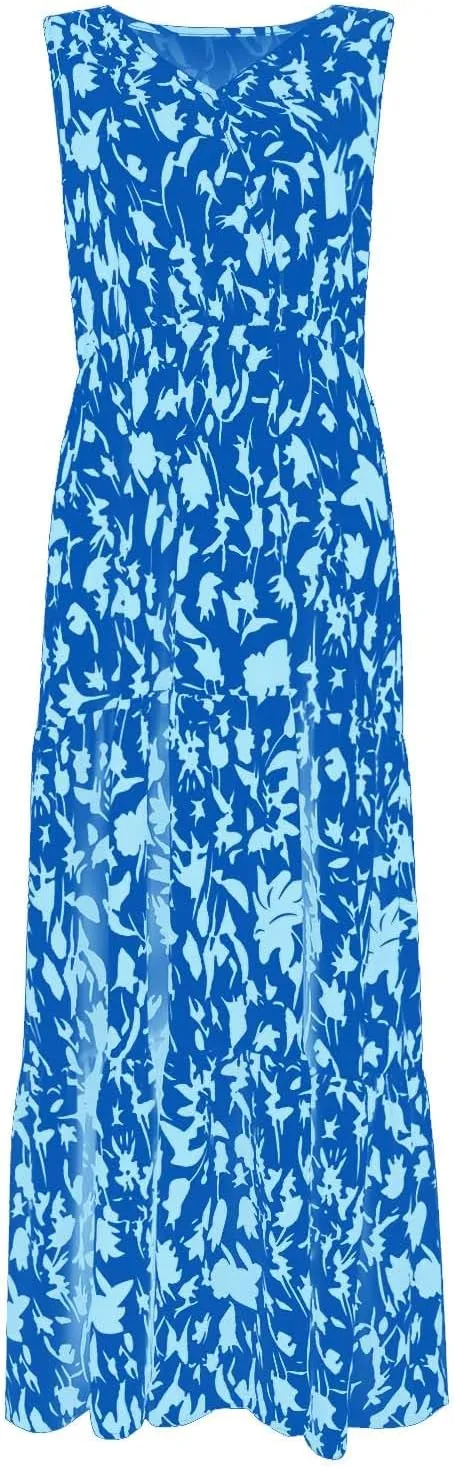 Women's Summer Casual Loose Boho Dress Sleeveless V-Neck Floral Print Vacation Travel Maxi Dresses,S-2XL