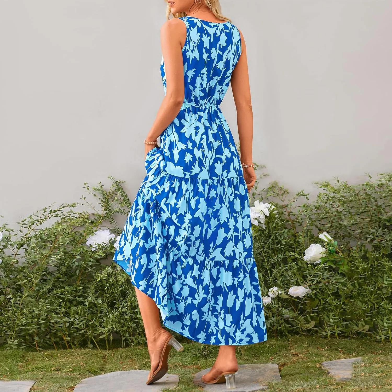 Women's Summer Casual Loose Boho Dress Sleeveless V-Neck Floral Print Vacation Travel Maxi Dresses,S-2XL