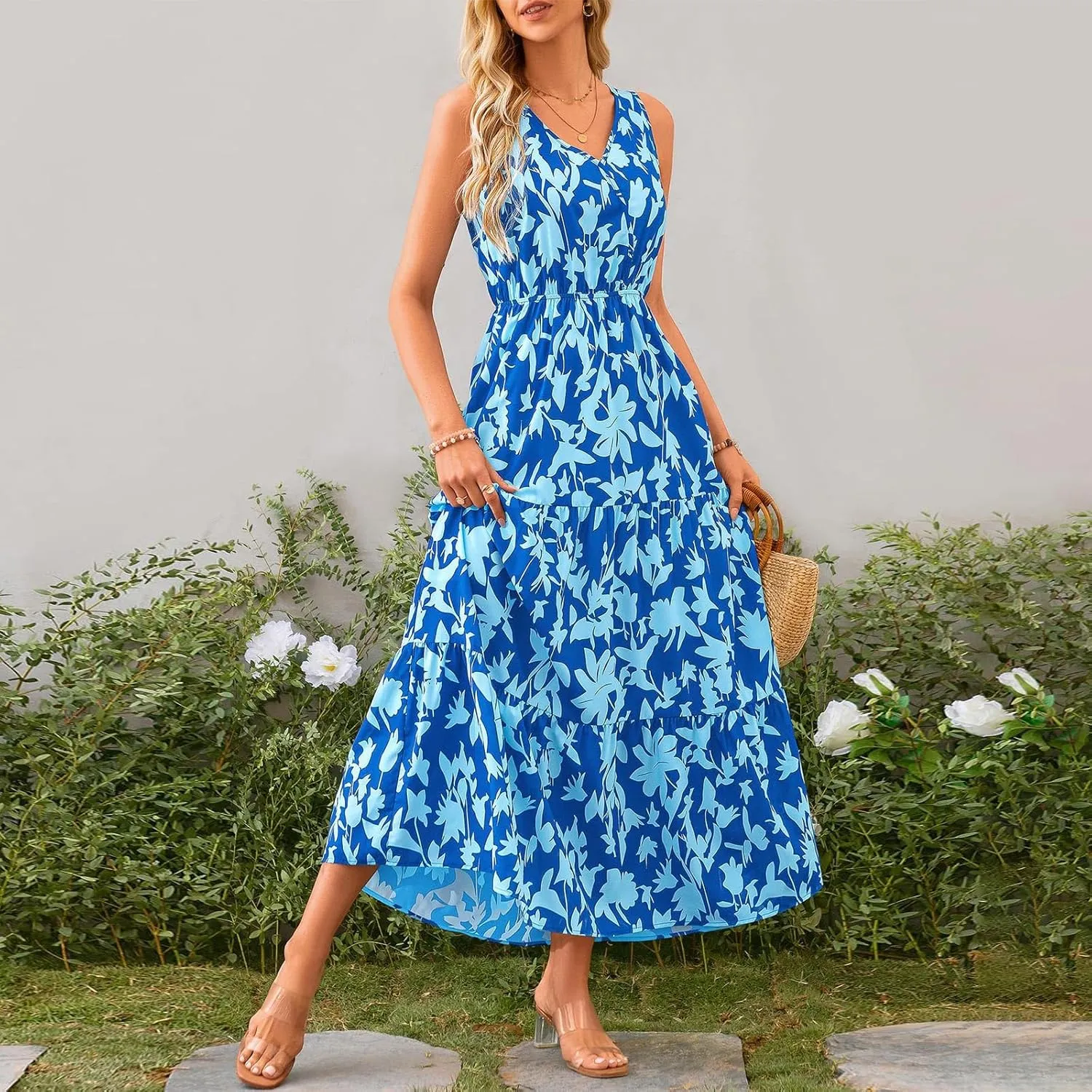 Women's Summer Casual Loose Boho Dress Sleeveless V-Neck Floral Print Vacation Travel Maxi Dresses,S-2XL