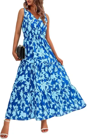 Women's Summer Casual Loose Boho Dress Sleeveless V-Neck Floral Print Vacation Travel Maxi Dresses,S-2XL