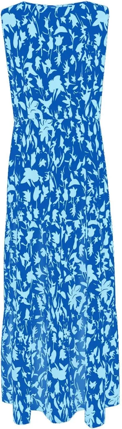 Women's Summer Casual Loose Boho Dress Sleeveless V-Neck Floral Print Vacation Travel Maxi Dresses,S-2XL
