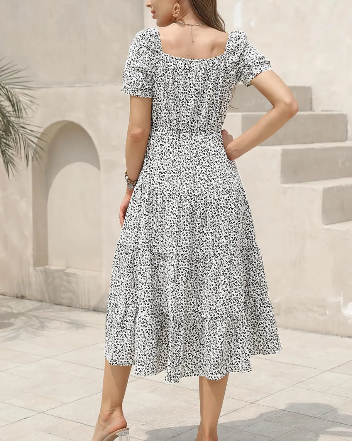 Womens Summer Dress 2025 Short Sleeve Square Neck Off Shoulder Floral Midi Casual Boho Dresses Beach Vacation Sundress
