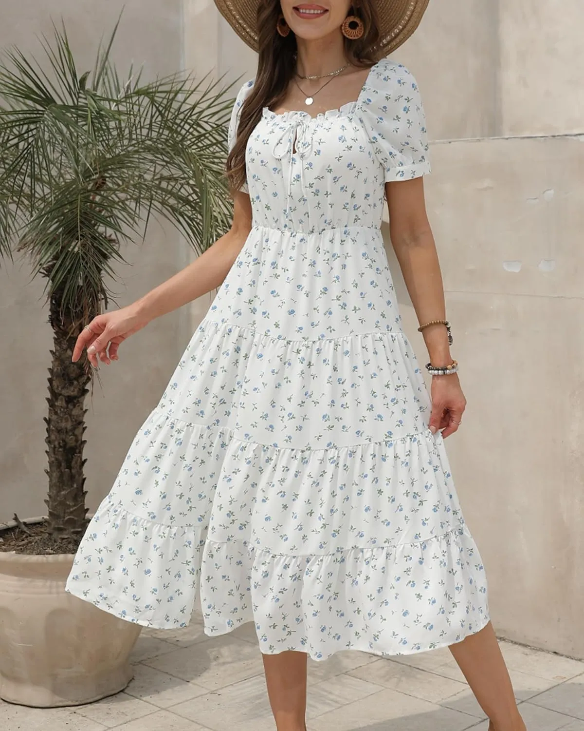 Womens Summer Dress 2025 Short Sleeve Square Neck Off Shoulder Floral Midi Casual Boho Dresses Beach Vacation Sundress