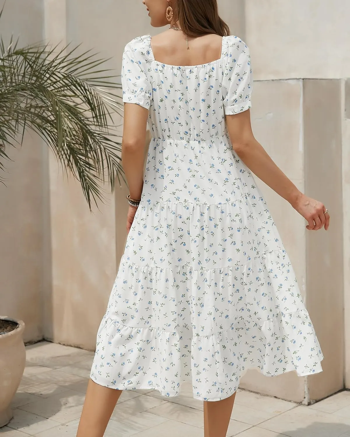 Womens Summer Dress 2025 Short Sleeve Square Neck Off Shoulder Floral Midi Casual Boho Dresses Beach Vacation Sundress