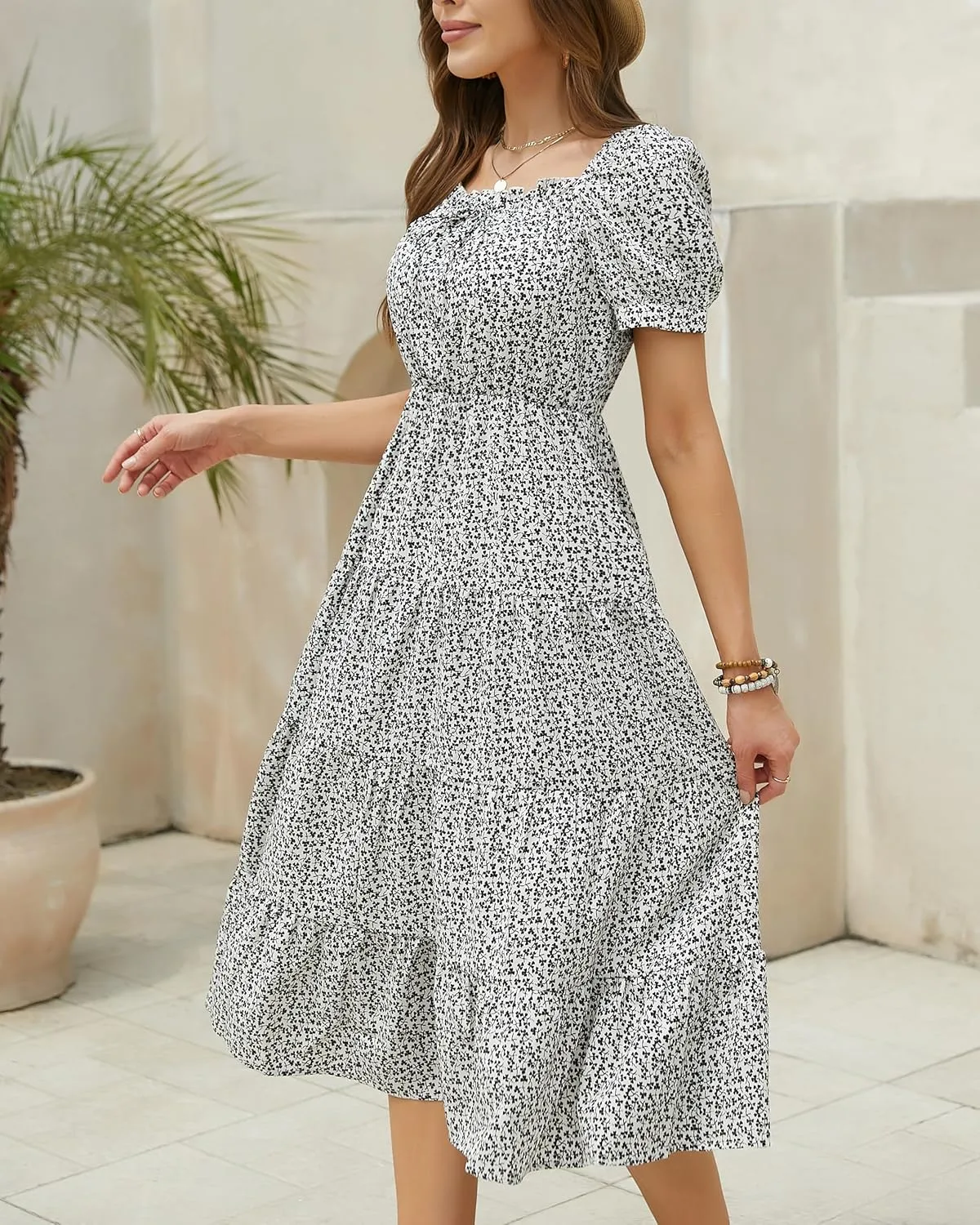 Womens Summer Dress 2025 Short Sleeve Square Neck Off Shoulder Floral Midi Casual Boho Dresses Beach Vacation Sundress