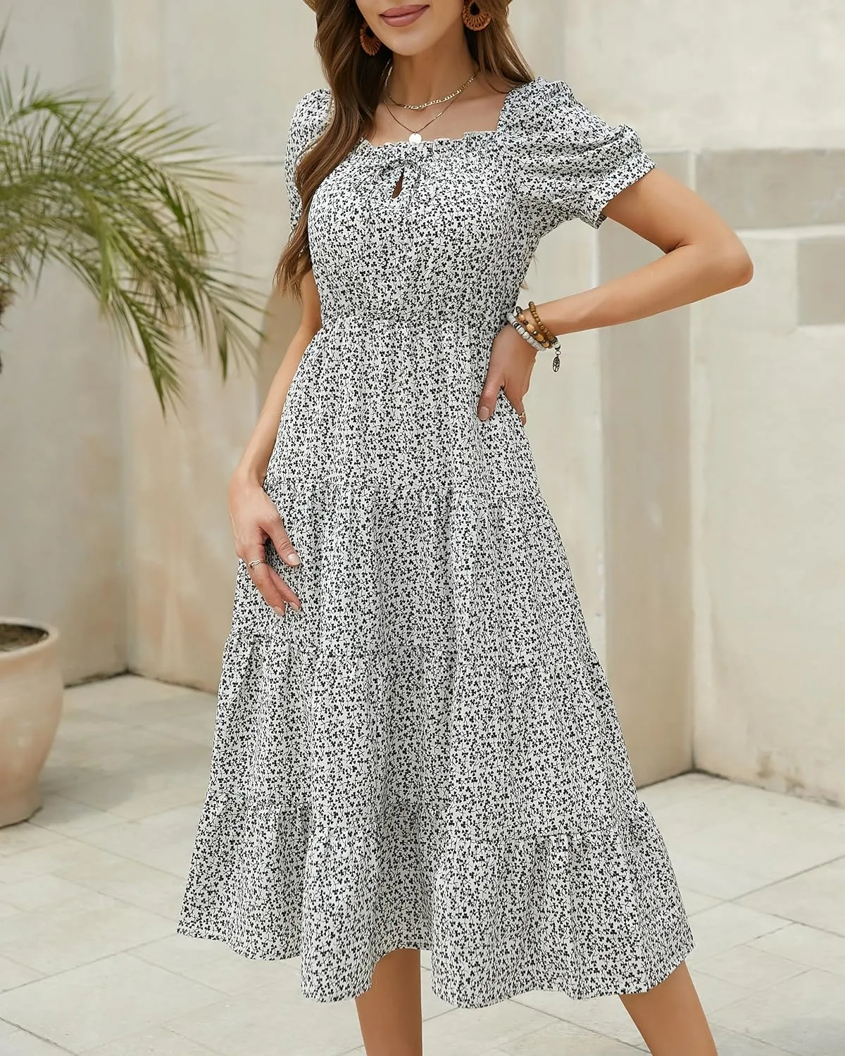 Womens Summer Dress 2025 Short Sleeve Square Neck Off Shoulder Floral Midi Casual Boho Dresses Beach Vacation Sundress