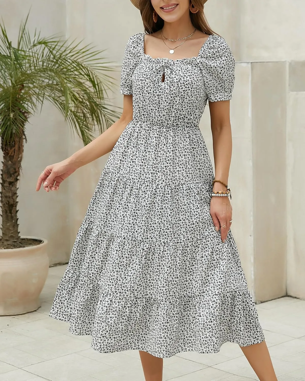 Womens Summer Dress 2025 Short Sleeve Square Neck Off Shoulder Floral Midi Casual Boho Dresses Beach Vacation Sundress