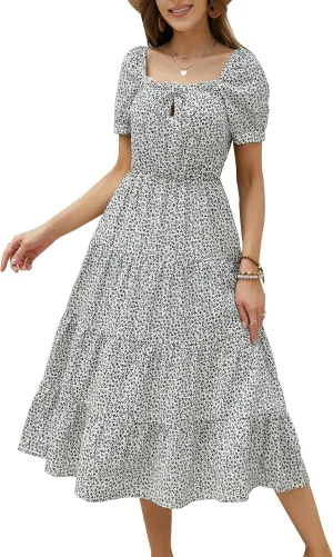 Womens Summer Dress 2025 Short Sleeve Square Neck Off Shoulder Floral Midi Casual Boho Dresses Beach Vacation Sundress