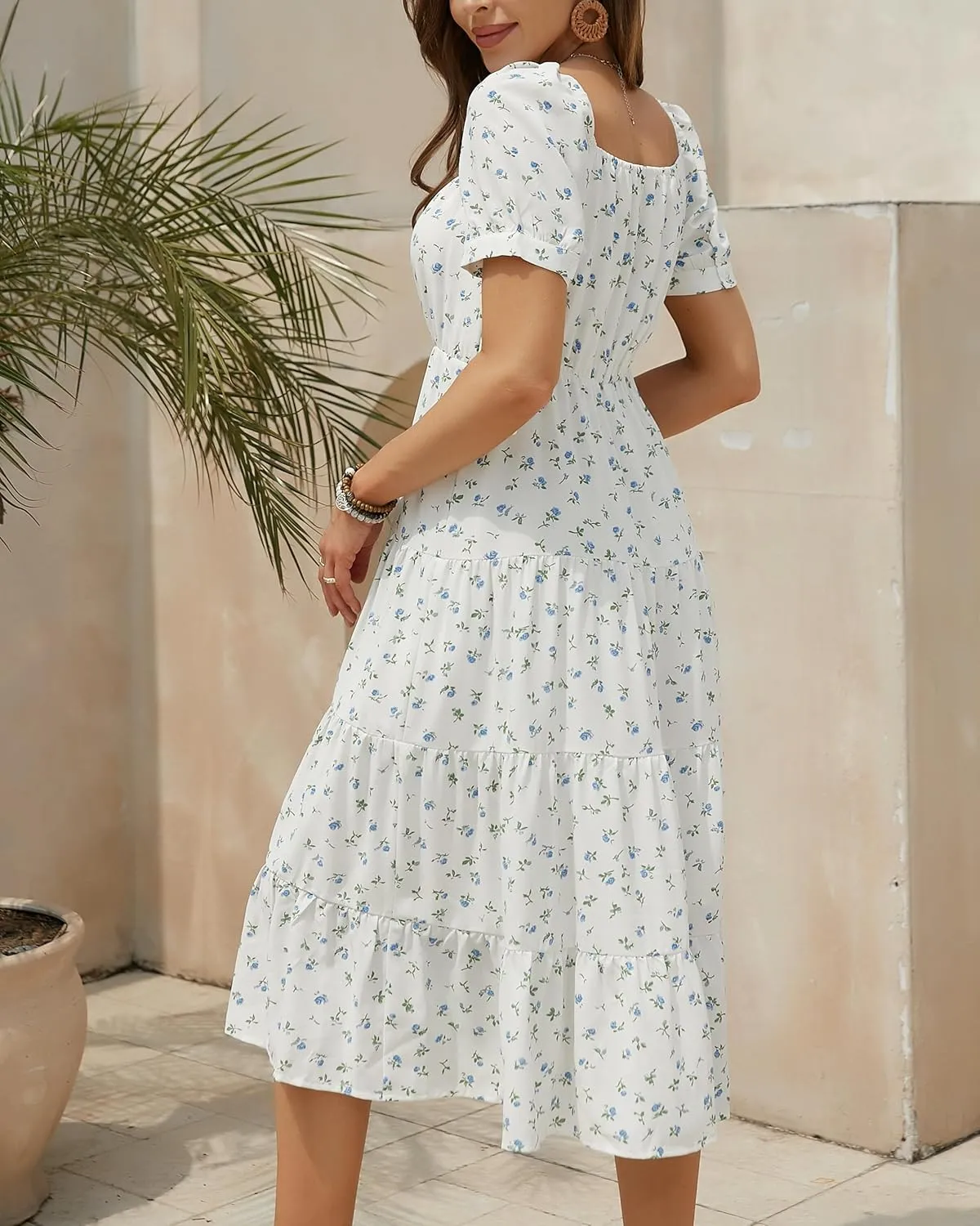 Womens Summer Dress 2025 Short Sleeve Square Neck Off Shoulder Floral Midi Casual Boho Dresses Beach Vacation Sundress