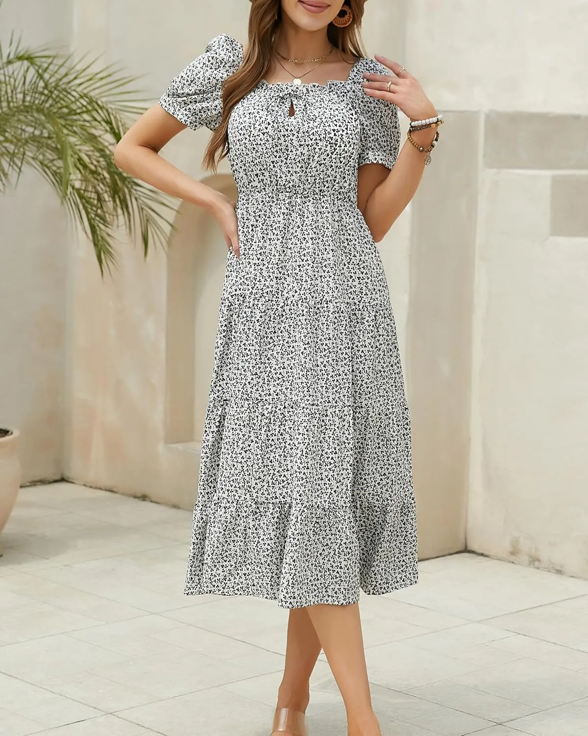 Womens Summer Dress 2025 Short Sleeve Square Neck Off Shoulder Floral Midi Casual Boho Dresses Beach Vacation Sundress