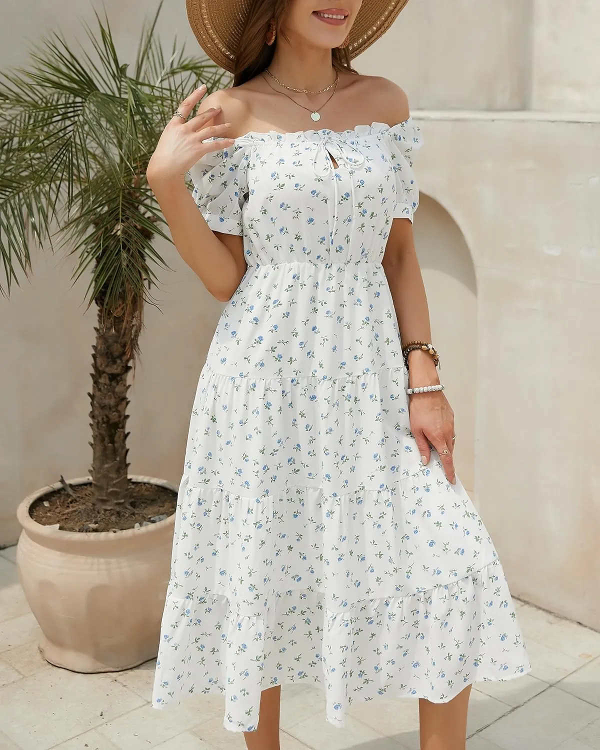 Womens Summer Dress 2025 Short Sleeve Square Neck Off Shoulder Floral Midi Casual Boho Dresses Beach Vacation Sundress