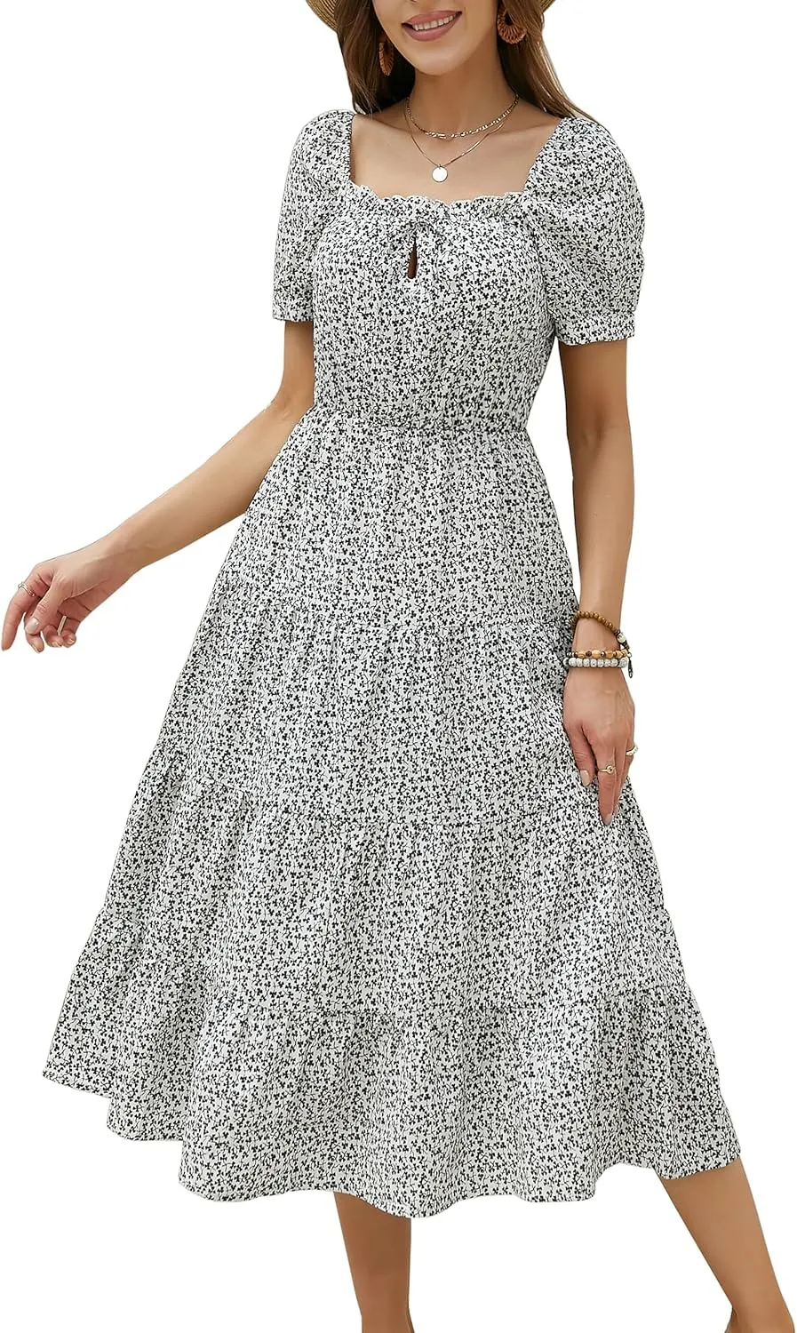 Womens Summer Dress 2025 Short Sleeve Square Neck Off Shoulder Floral Midi Casual Boho Dresses Beach Vacation Sundress