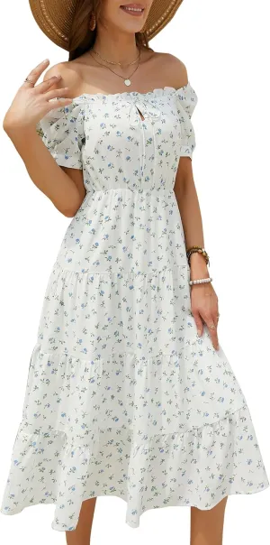 Womens Summer Dress 2025 Short Sleeve Square Neck Off Shoulder Floral Midi Casual Boho Dresses Beach Vacation Sundress