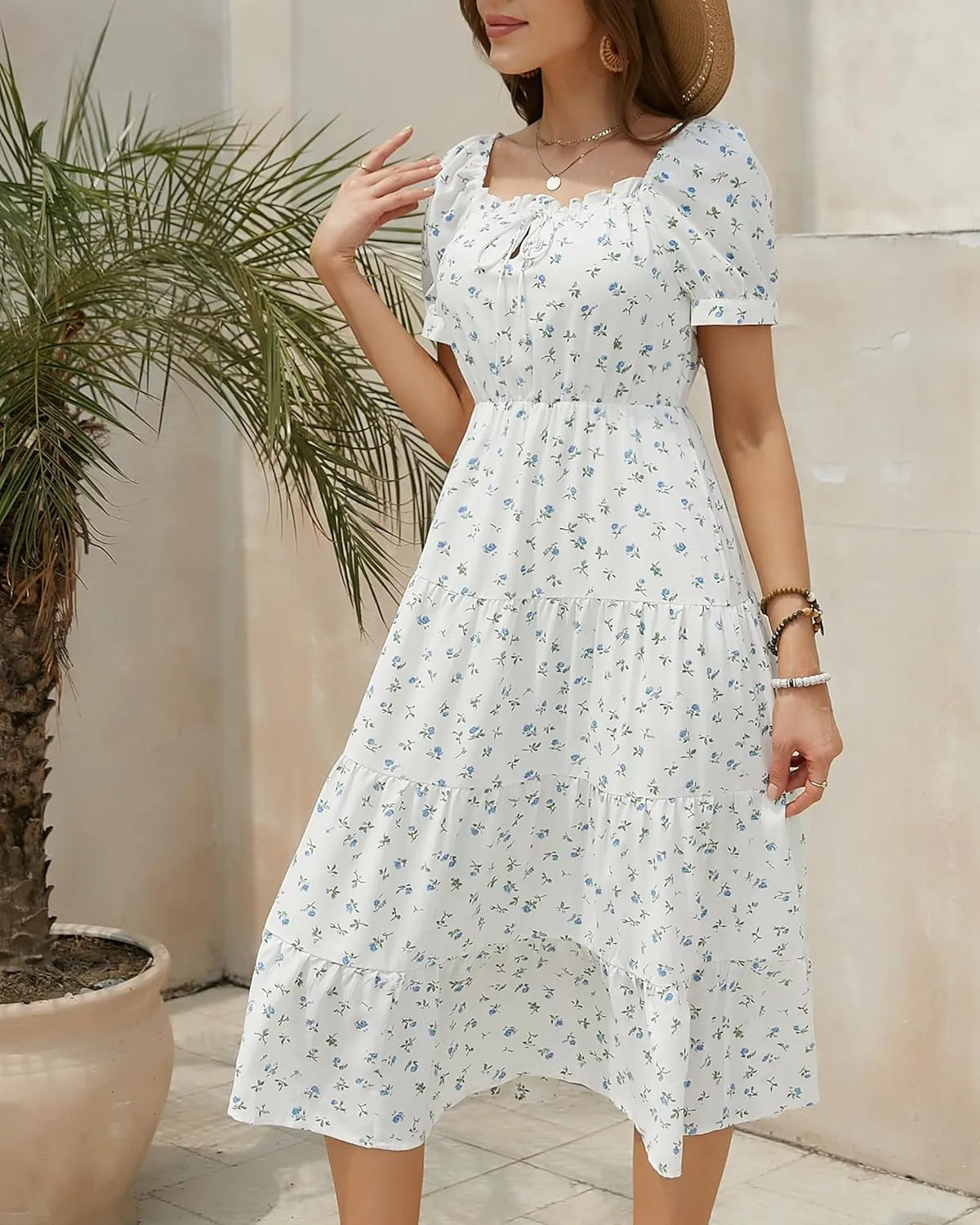 Womens Summer Dress 2025 Short Sleeve Square Neck Off Shoulder Floral Midi Casual Boho Dresses Beach Vacation Sundress