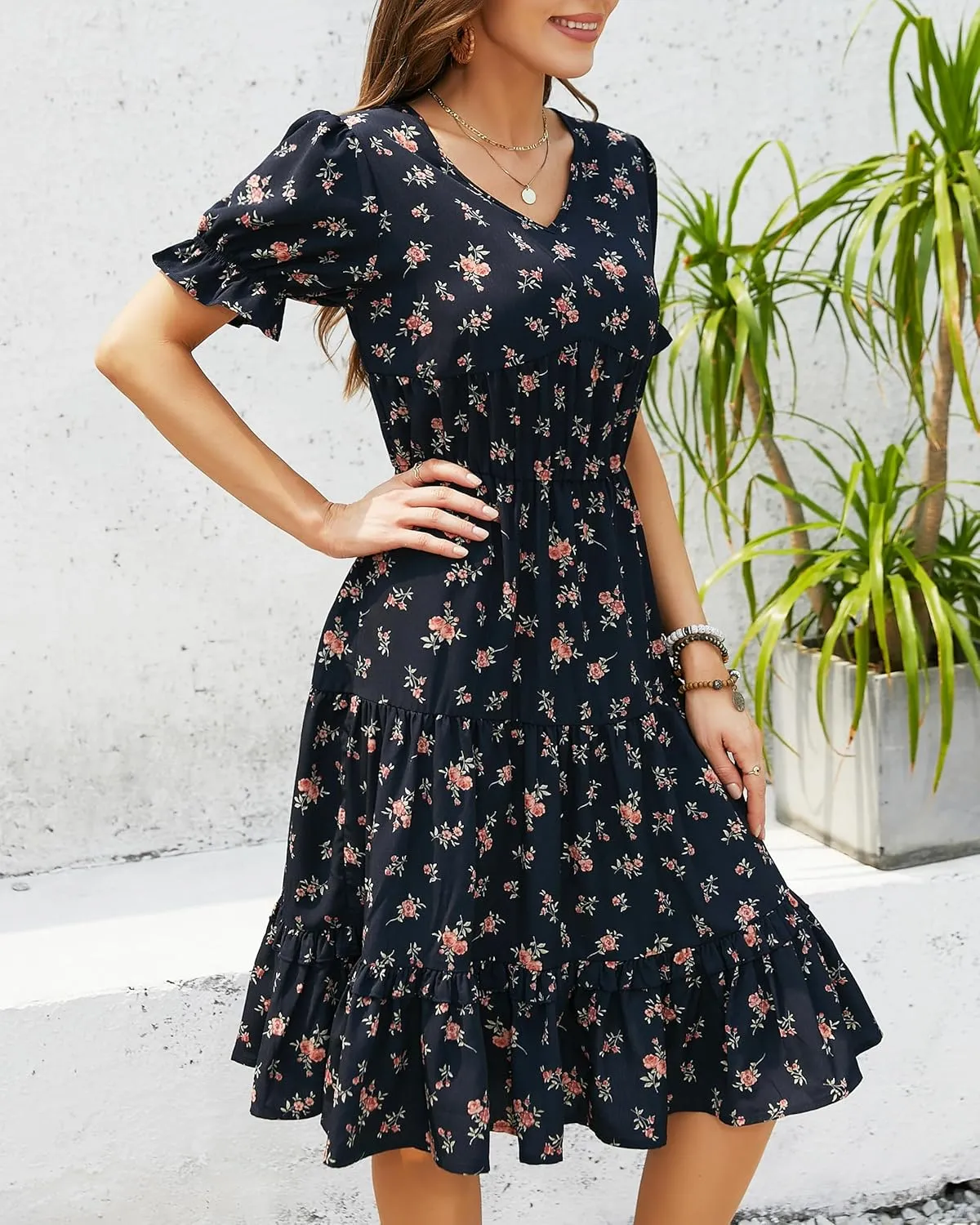 Womens Summer Dress 2025 Short Sleeve V Neck Floral Midi Casual Dresses Fit Line Beach Vacation Sundress