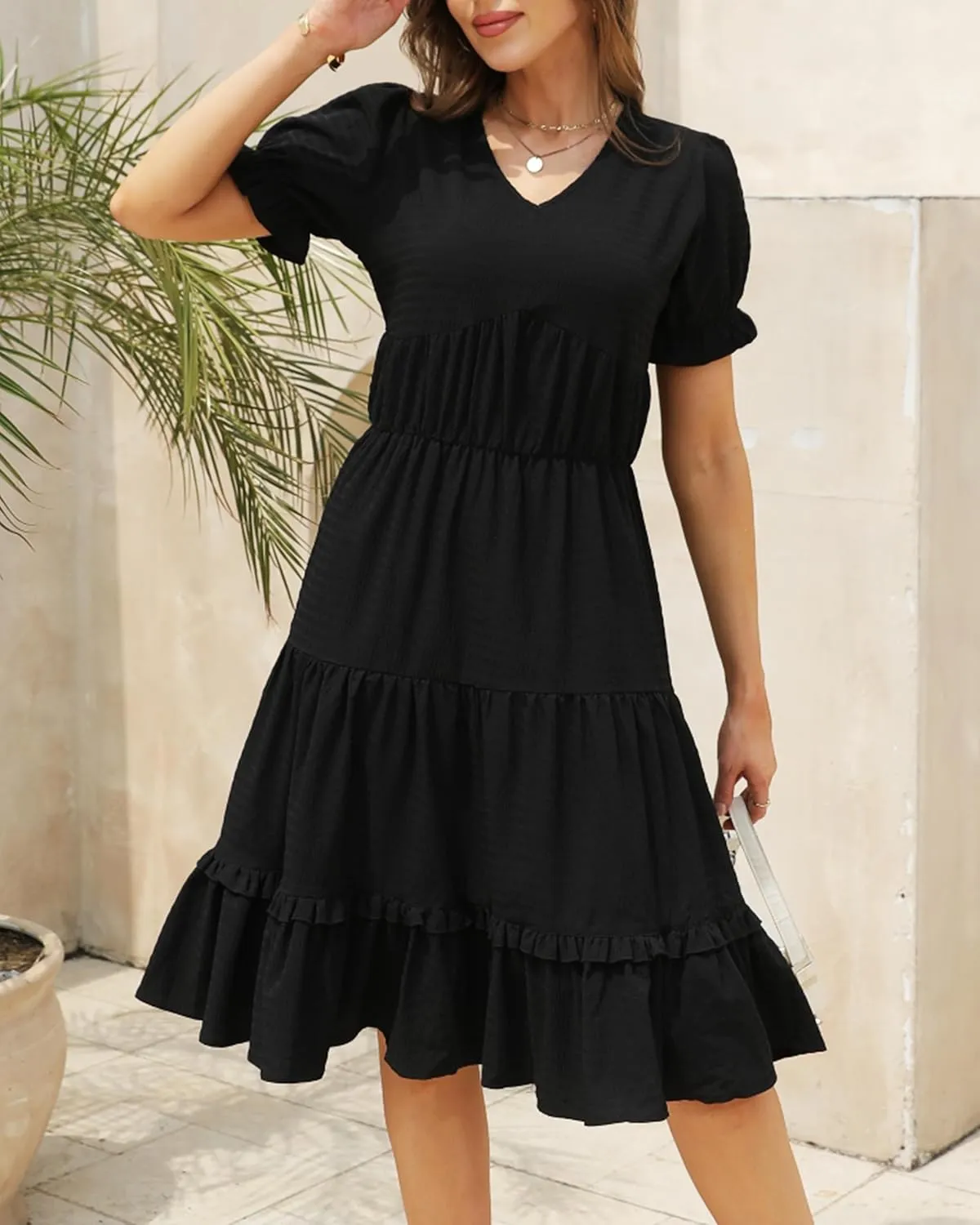 Womens Summer Dress 2025 Short Sleeve V Neck Floral Midi Casual Dresses Fit Line Beach Vacation Sundress
