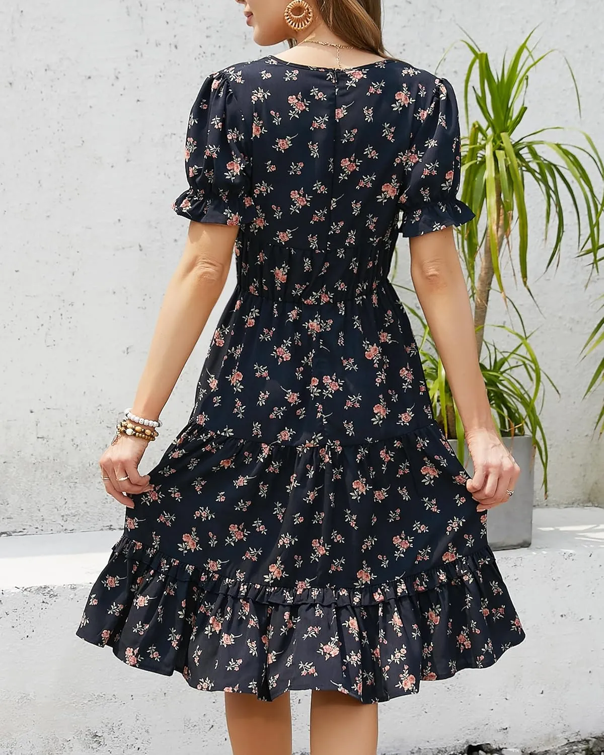 Womens Summer Dress 2025 Short Sleeve V Neck Floral Midi Casual Dresses Fit Line Beach Vacation Sundress