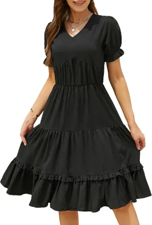 Womens Summer Dress 2025 Short Sleeve V Neck Floral Midi Casual Dresses Fit Line Beach Vacation Sundress