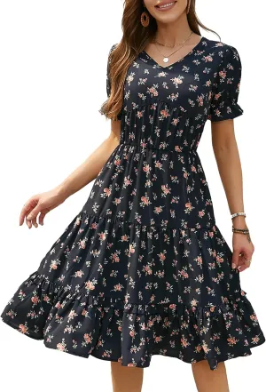 Womens Summer Dress 2025 Short Sleeve V Neck Floral Midi Casual Dresses Fit Line Beach Vacation Sundress