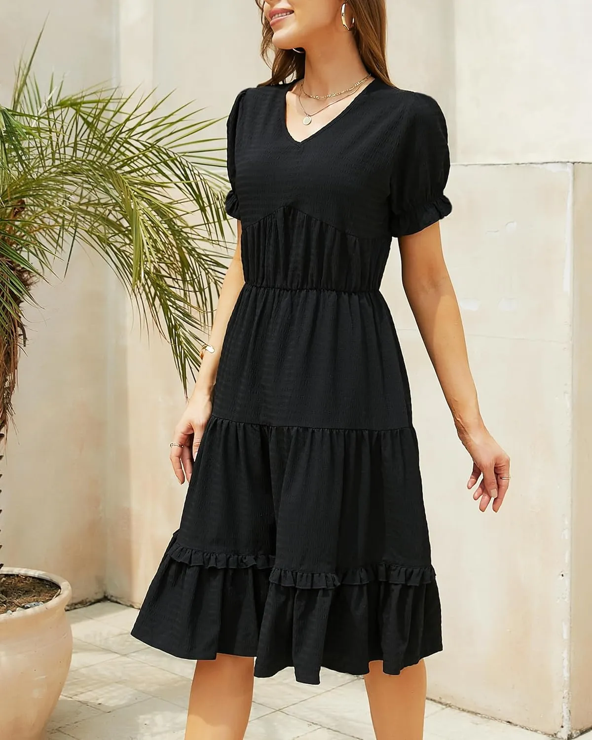 Womens Summer Dress 2025 Short Sleeve V Neck Floral Midi Casual Dresses Fit Line Beach Vacation Sundress