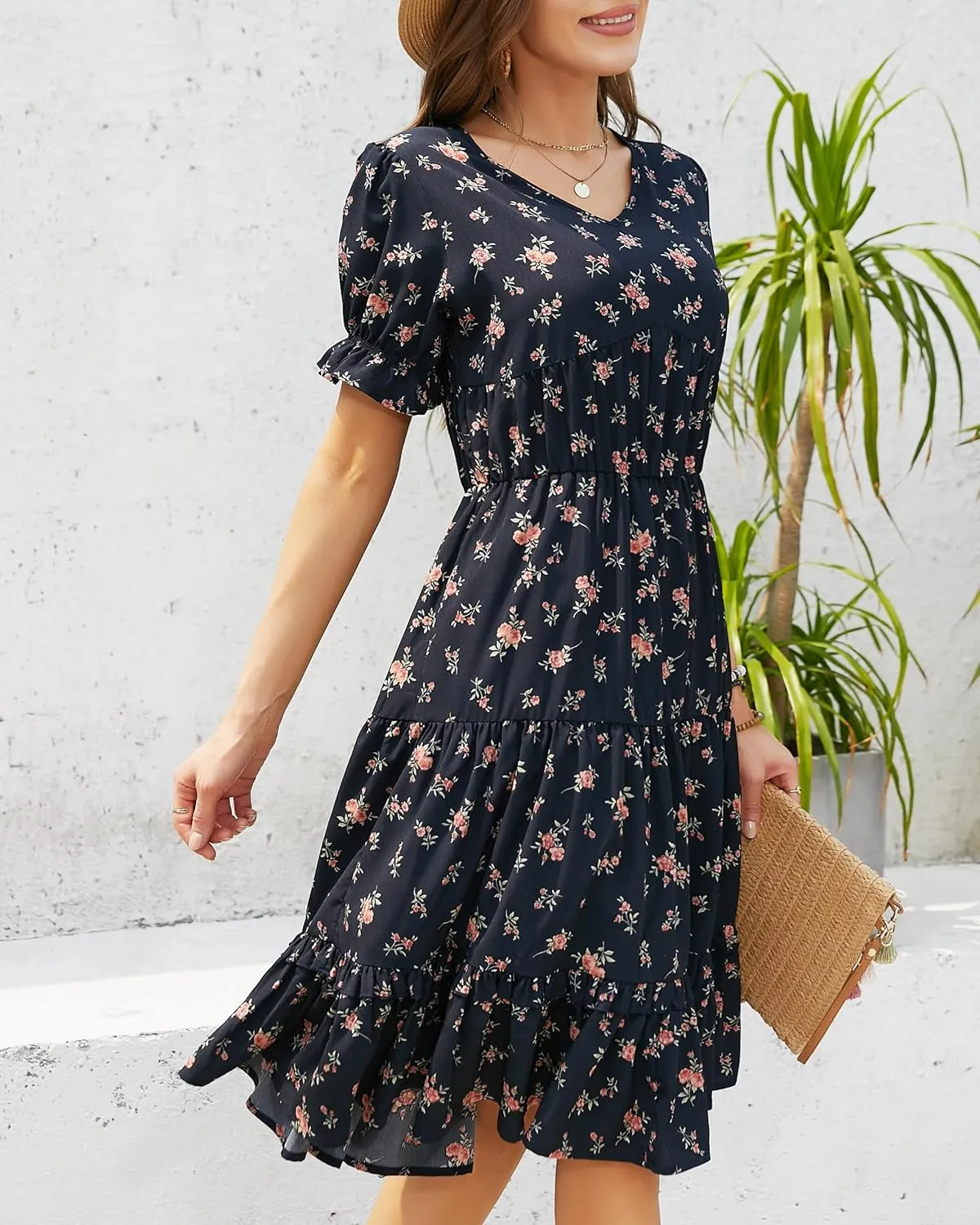 Womens Summer Dress 2025 Short Sleeve V Neck Floral Midi Casual Dresses Fit Line Beach Vacation Sundress